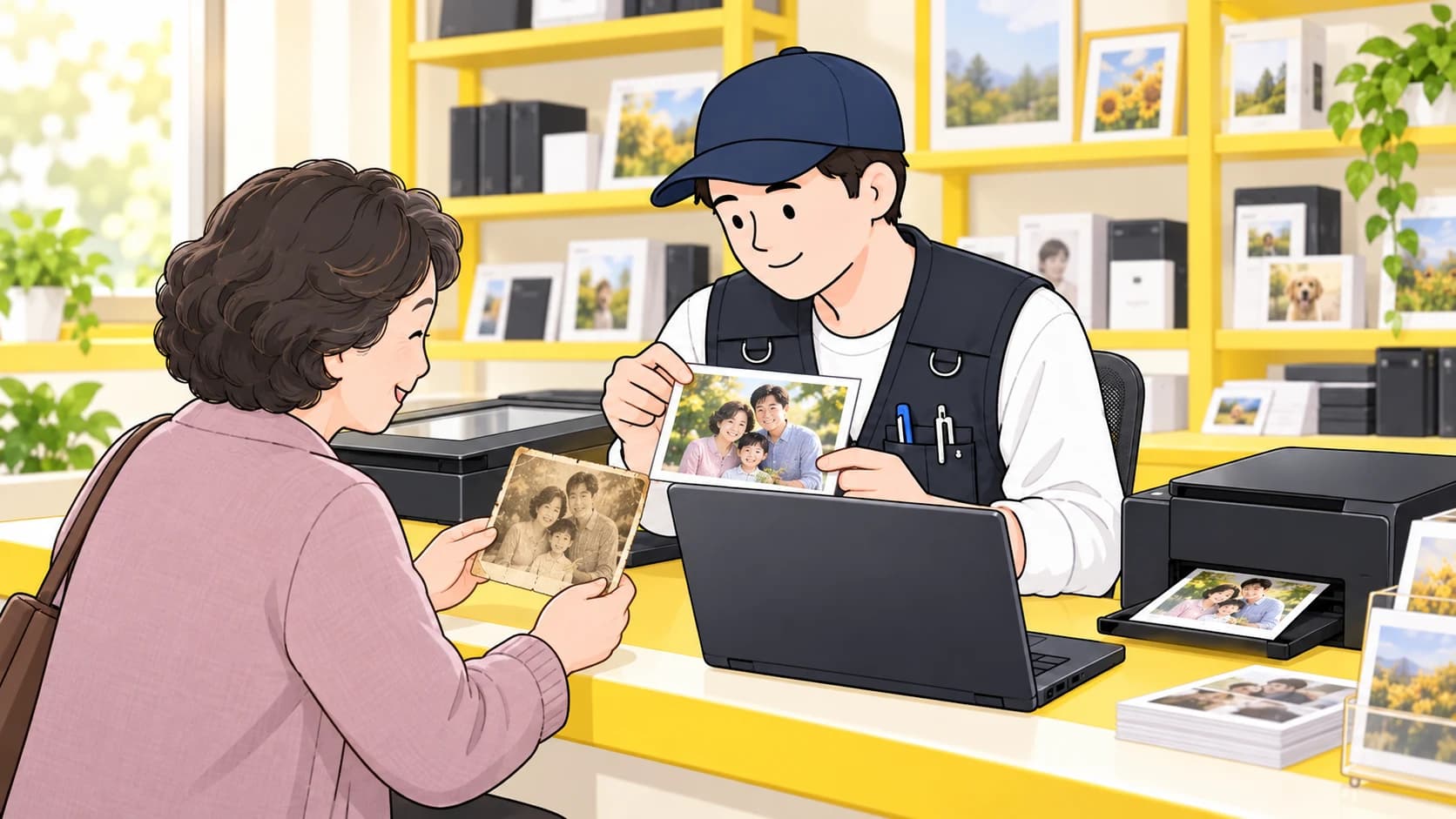 오래된 사진과 새 인화 사진을 함께 살펴보는 사진 복원 상담 일러스트