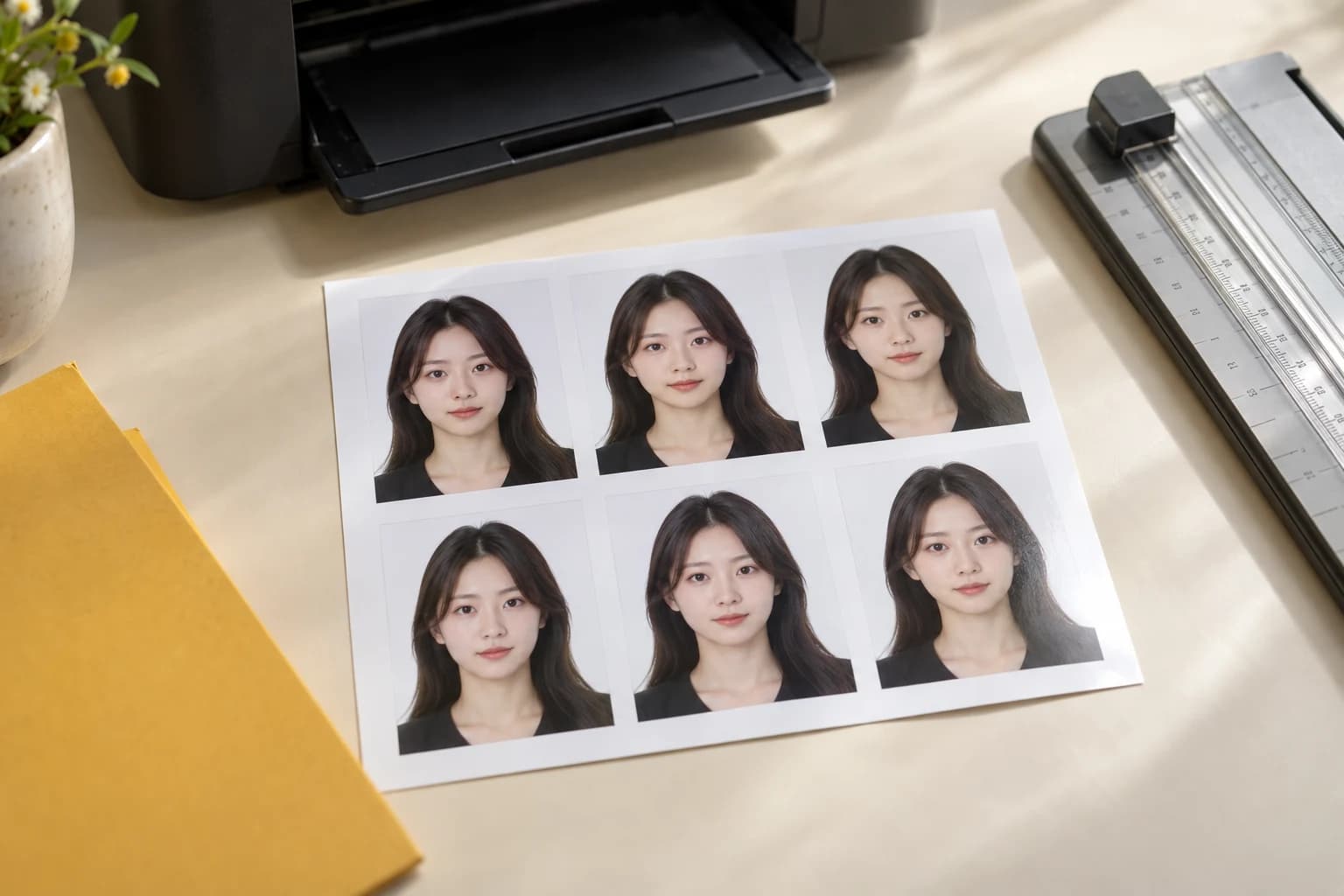 동일한 인물의 증명사진 여섯 장을 인화한 실사풍 AI 예시
