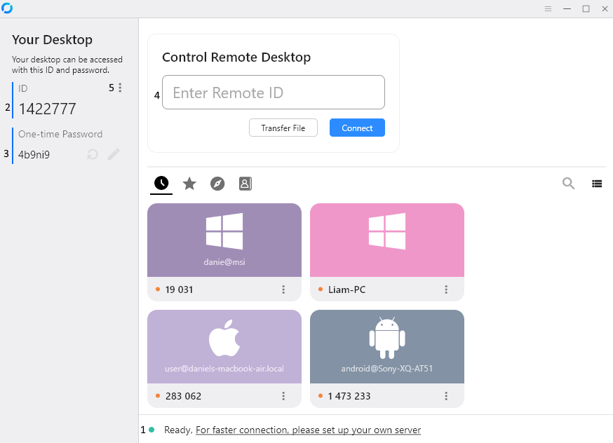 RustDesk 공식 안내 화면: 왼쪽에 ID와 일회용 비밀번호가 표시됩니다